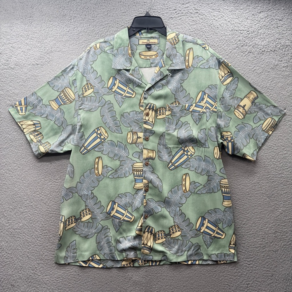 TOMMY BAHAMA 100% Silk Bongo Drum Palm Fronds Hawaiian Shirt Green Men's Size L